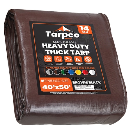 Tarpco Safety Heavy Duty Tarp, 50 ft L x 0.5 mm H x 40 ft W, 14 Mil, Brown/Black, Polyethylene TS-102-40X50